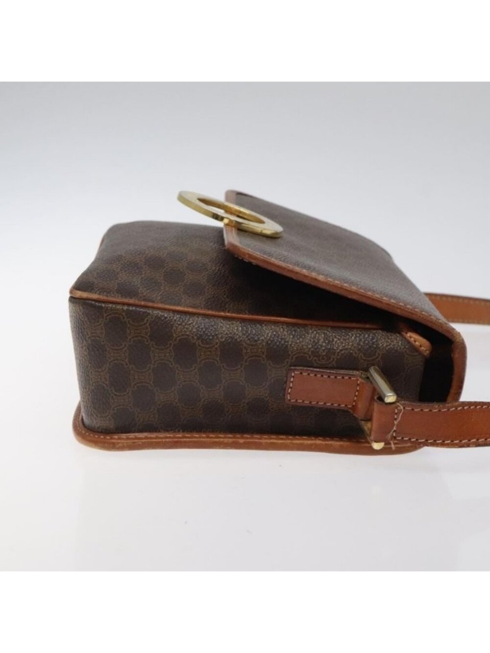 Authentic CELINE Macadam Canvas Circle Shoulder Bag PVC Leather Brown Gold - Picture 10 of 16